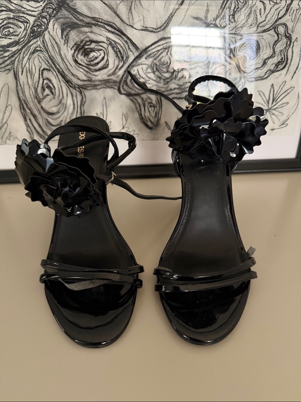 Express Women’s Black Patent Floral Ankle-Strap Sandals